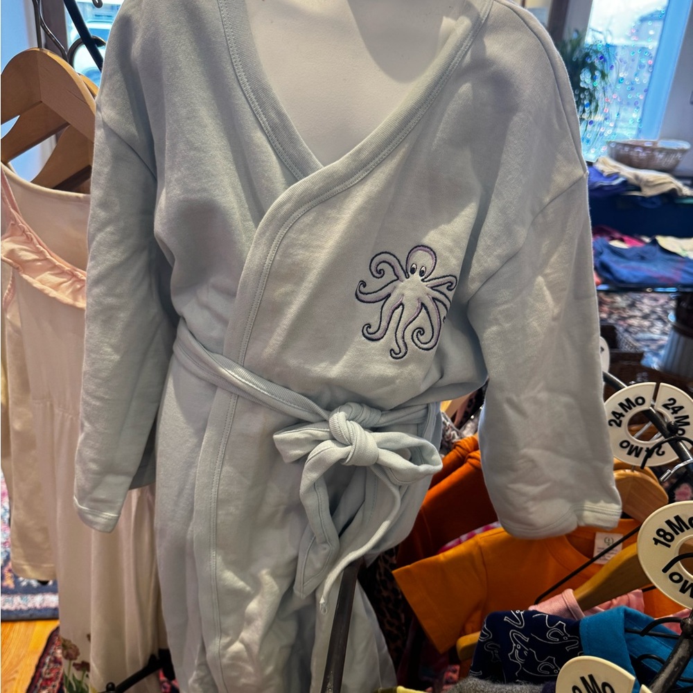 100% Organic Cotton Kids Octopus Embroidered Pajama Robe - 7/8/9/10 years - NWT